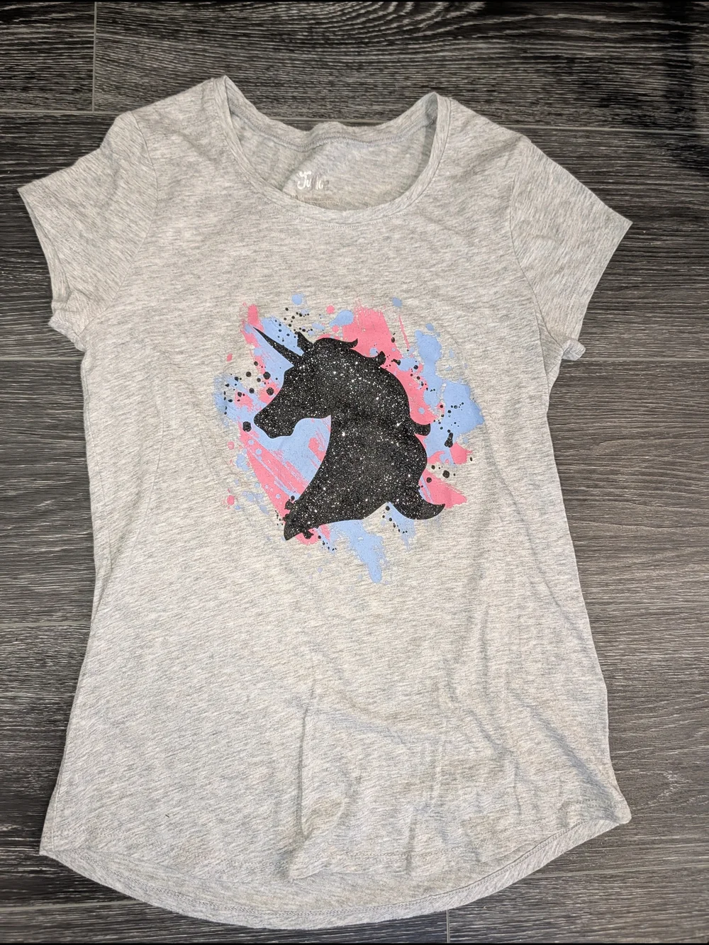 Justice Gray Short-Sleeve Tee with Black Glitter Unicorn and Pink & Blue Accents